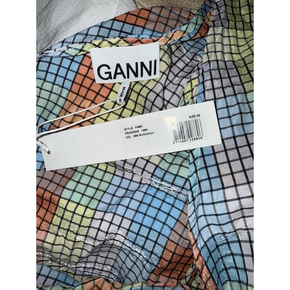 New Ganni Checkered Seersucker Puff-Sleeve Dress - Picture 4 of 5